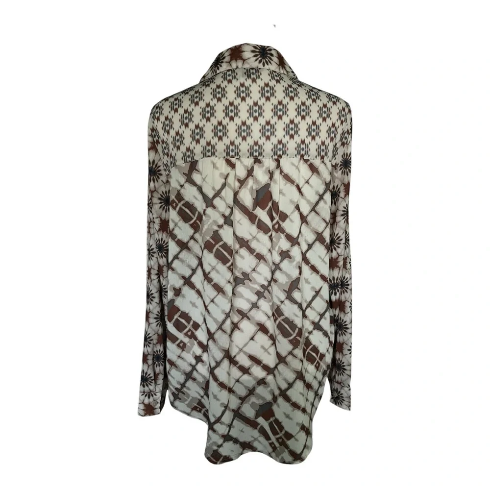CHARLIE B Long Sleeve Button-Down Navy/Brown Abstract 70’s Blouse P/S - Picture 2 of 7